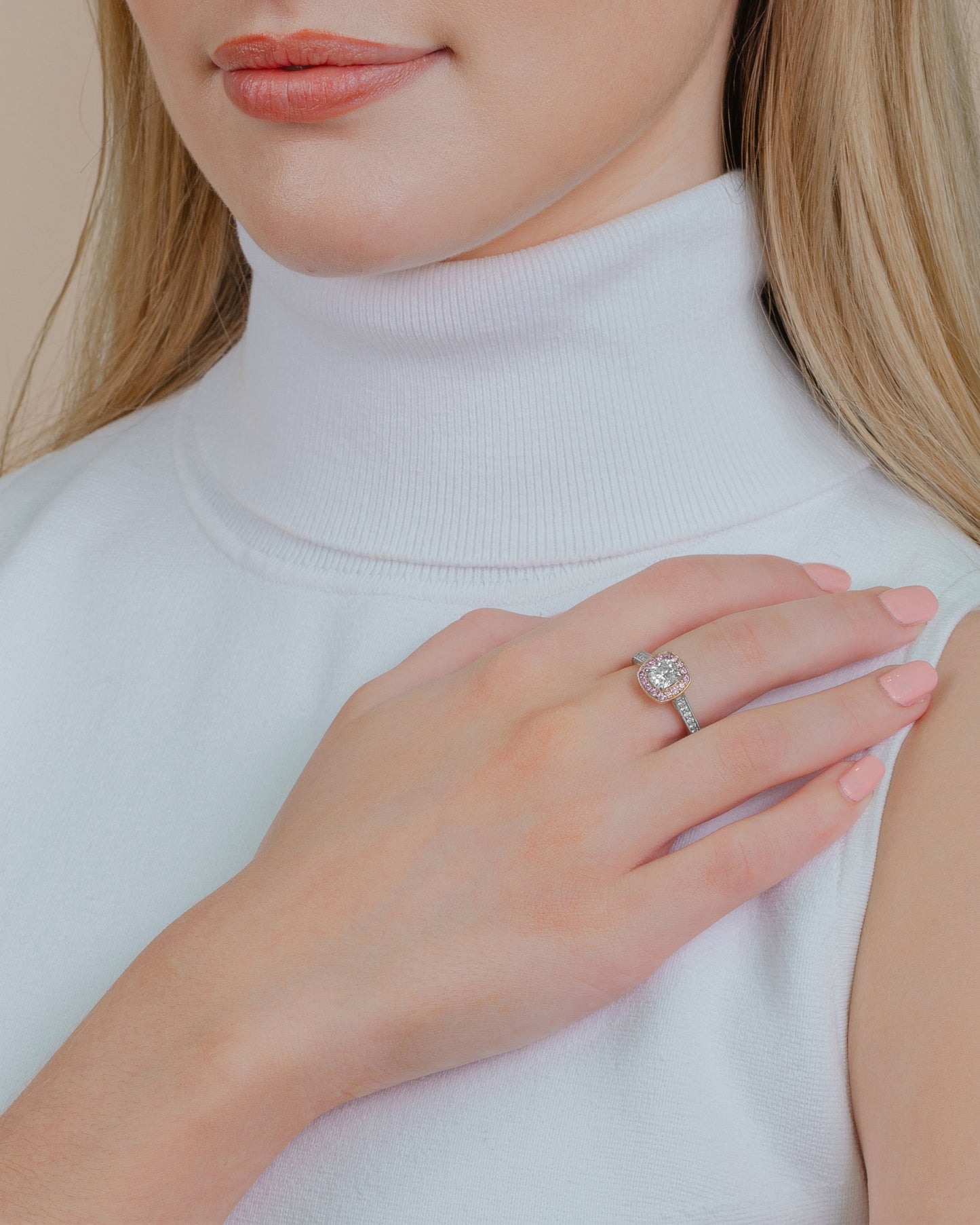 Pink Diamond Halo 1.01ct Cushion Cut Diamond Ring