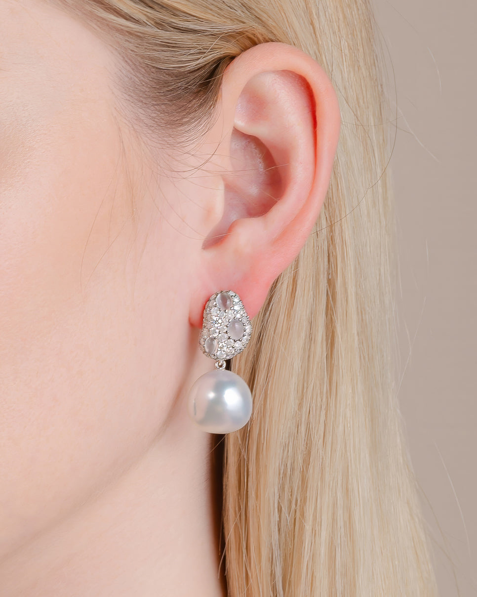 White Moonstone & Milky Diamond Pearl Drop Earrings