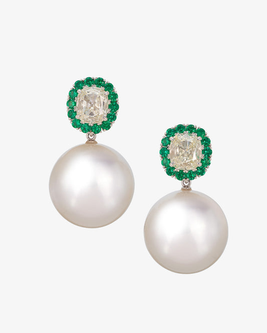 Emerald and Diamond Earrings with South Sea Pearl Drops