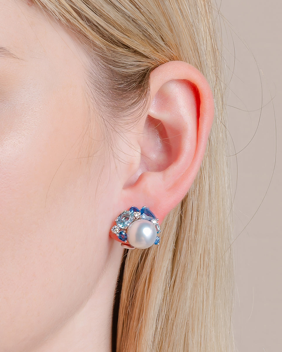 Pearl, Sapphire, Aquamarine and Diamond Earrings