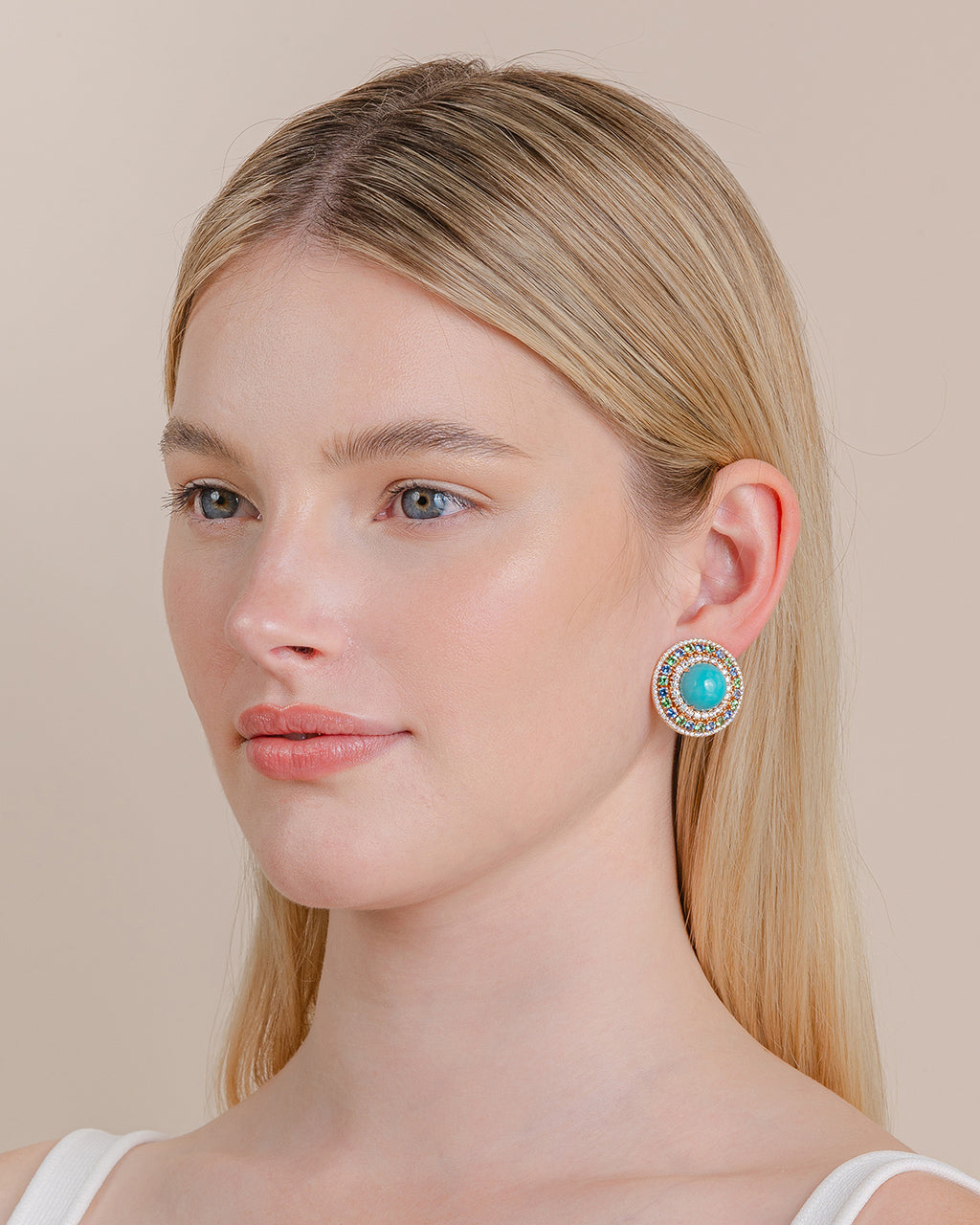 Turquoise and Diamond Circle Clip-On Earrings