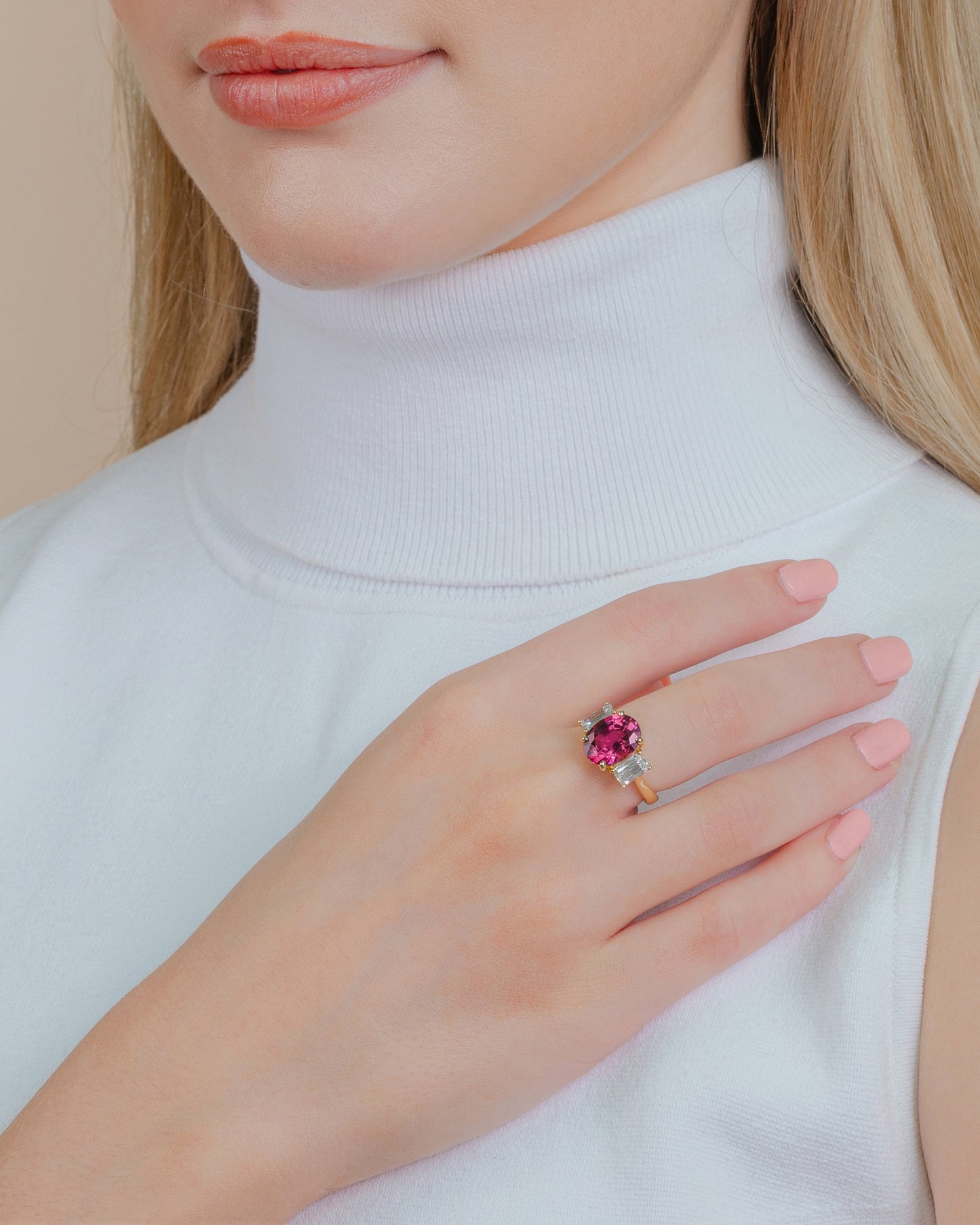 Rhodolite and ASHOKA® Diamond 3-Stone Ring