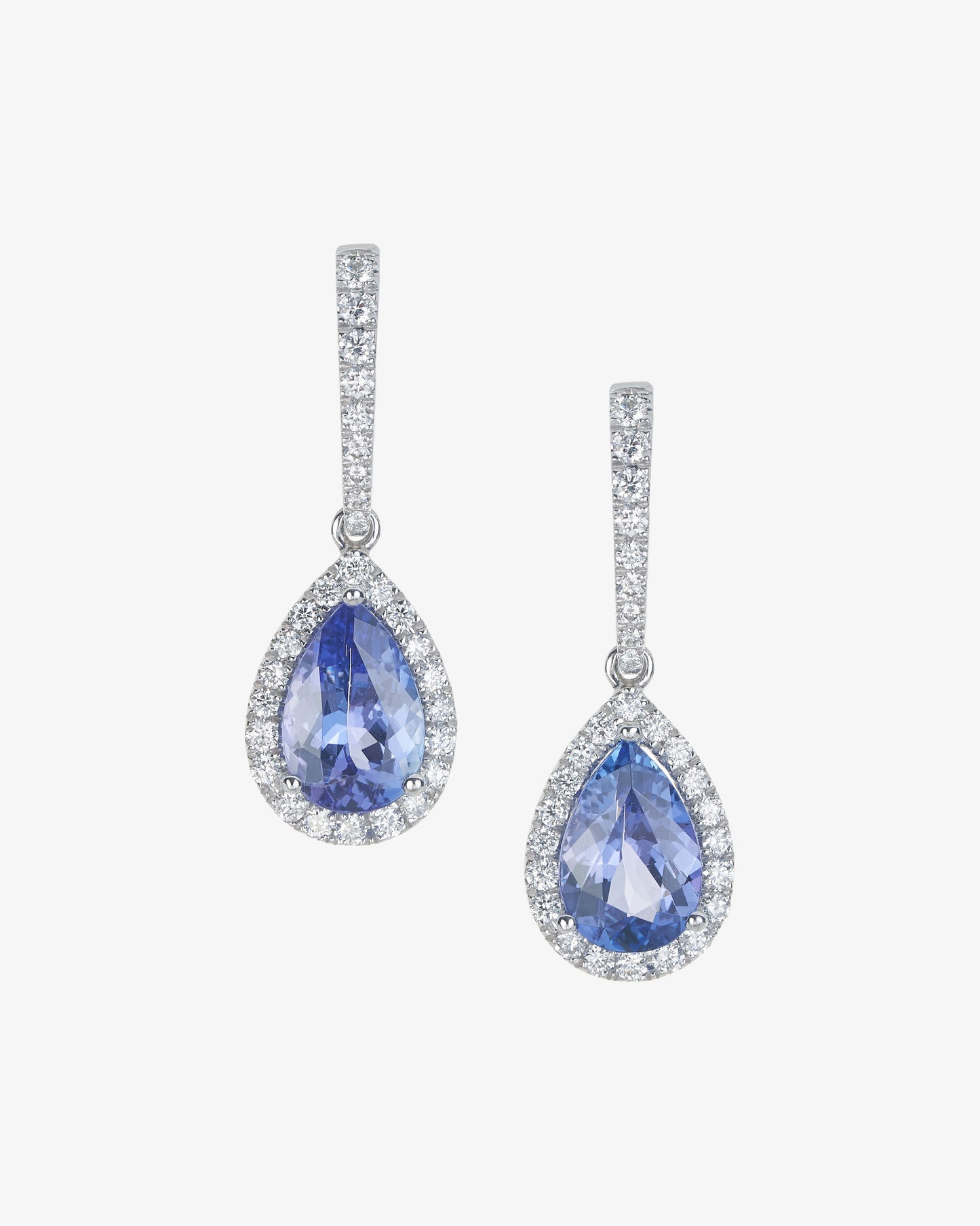 Pear Cut Tanzanite and Diamond Halo Drop Earrings