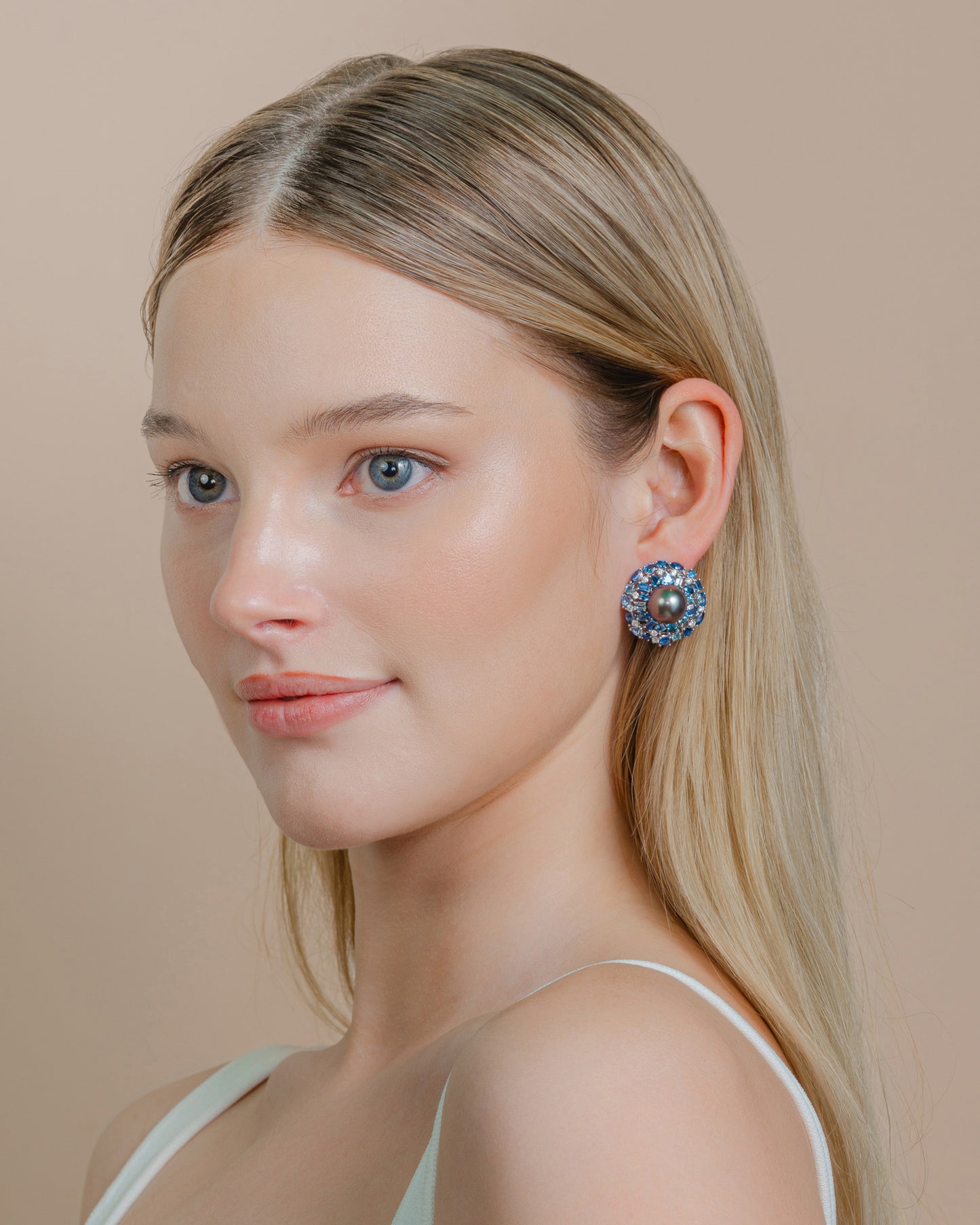 Sapphire, Aquamarine and Tahitian Pearl Earrings