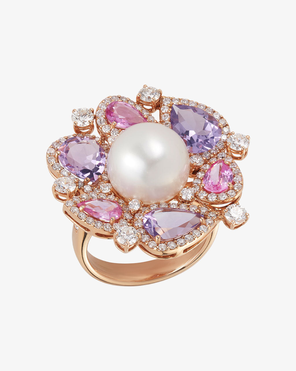 South Sea Pearl, Diamond, Pink Sapphire and Rose De France Ring
