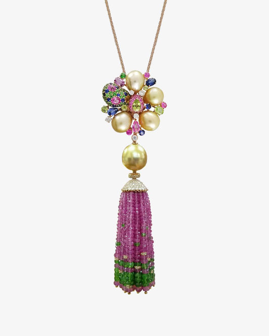 Golden Pearl Pink Blossom Tassel Pendant