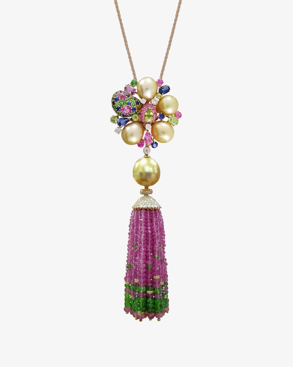 Golden Pearl Pink Blossom Tassel Pendant