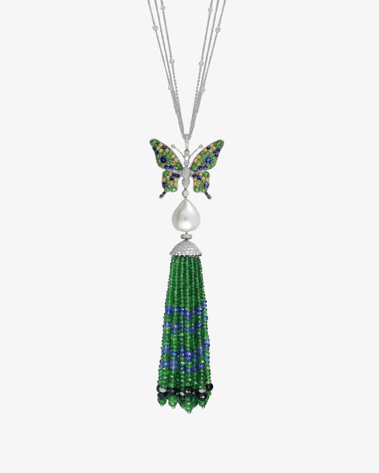 Tsavorite, Tanzanite & Pearl Butterfly Tassel Pendant