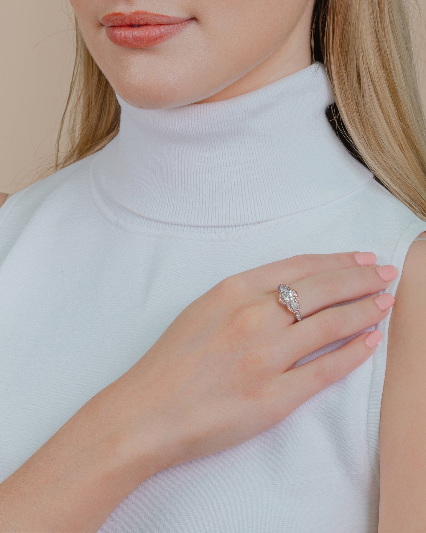 Pink and White Round and Pear Cut Diamond Halo Ring