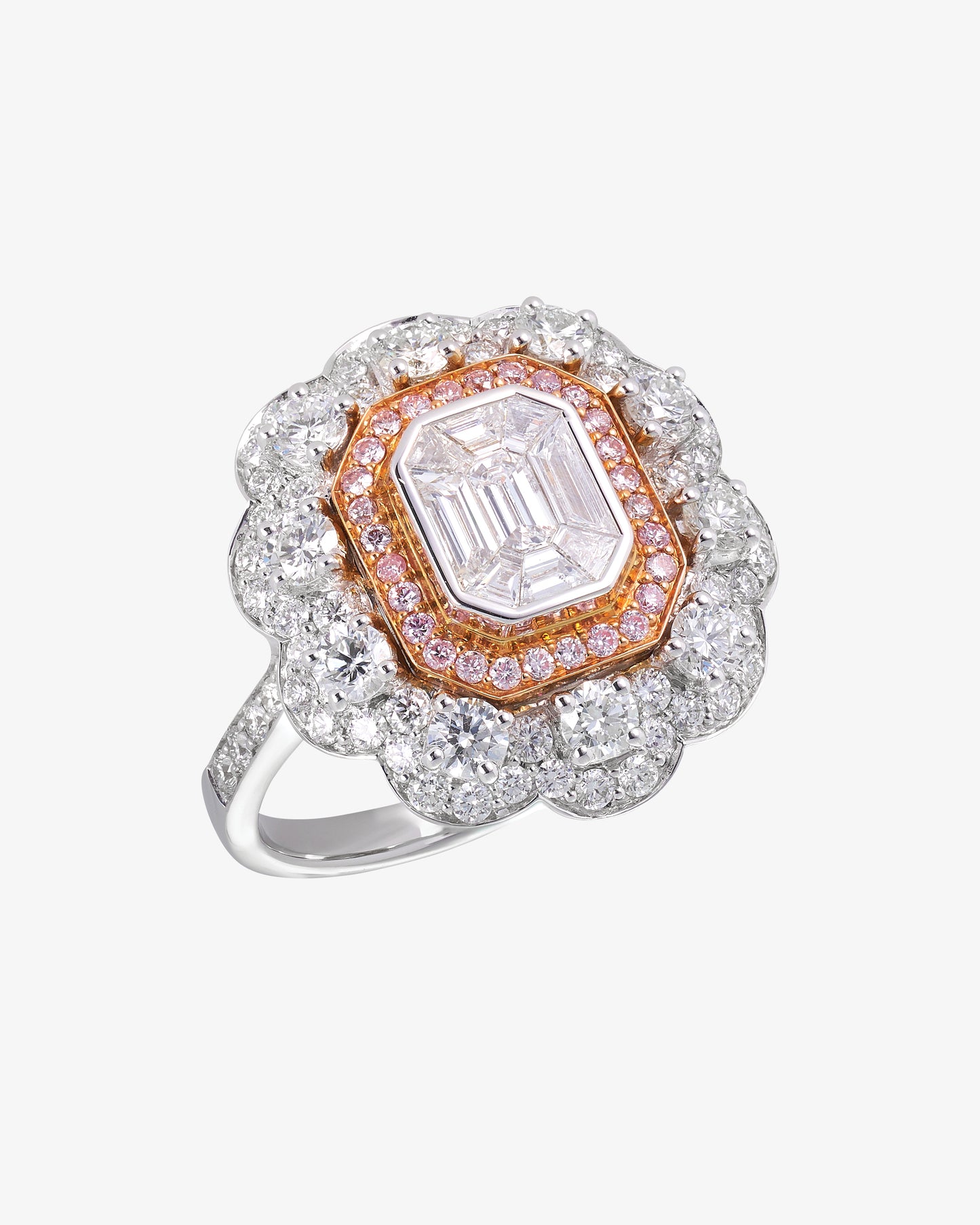 Pink and white diamond invisible set ring