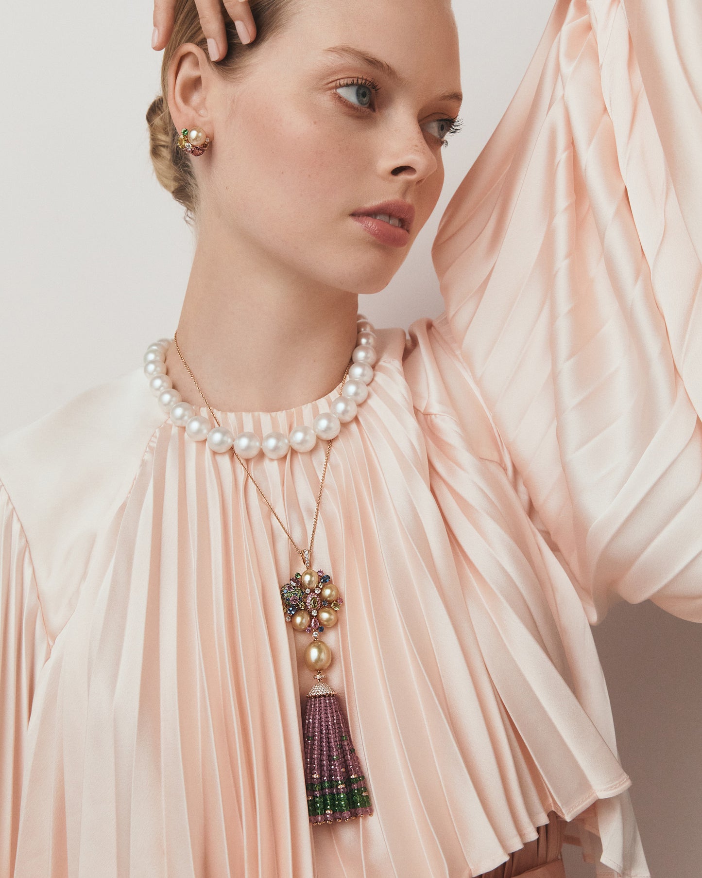Golden Pearl Pink Blossom Tassel Necklace