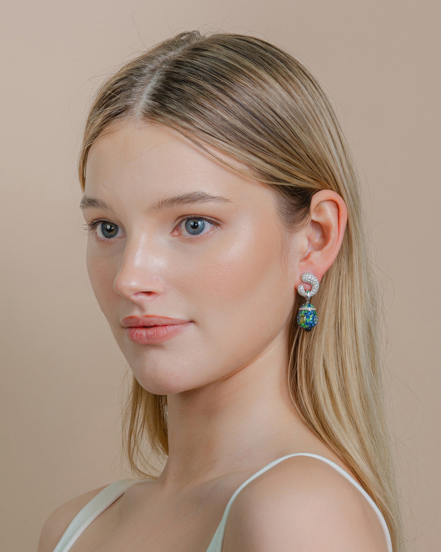 Diamond Earrings with Sapphire, Tsavorite, Blue Topaz and Peridot Drops