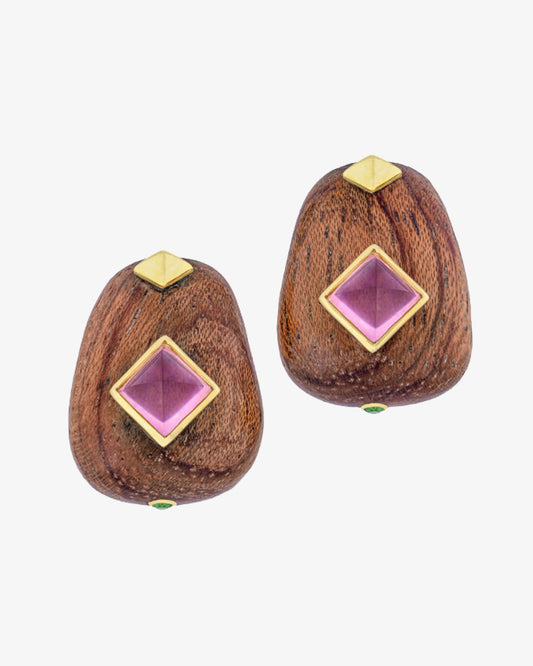 Rosewood & Pink Quartz Pyramid Earrings