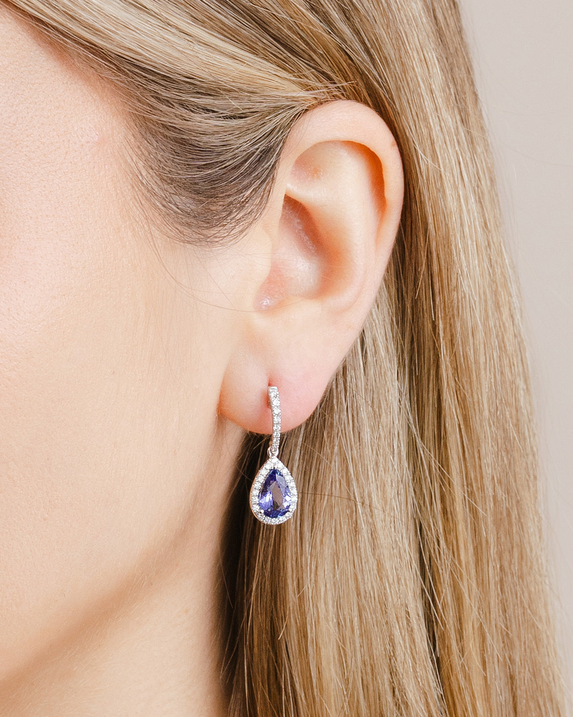 Pear Cut Tanzanite and Diamond Halo Drop Earrings