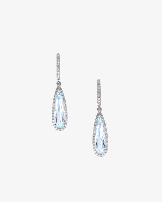 Pear Cut Aquamarine and Diamond Halo Drop Earrings
