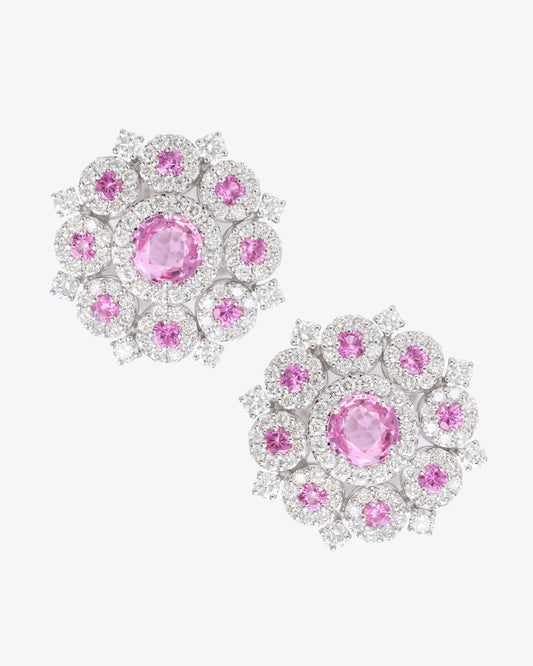 Diamond Flower and Pink Sapphire Stud Earrings