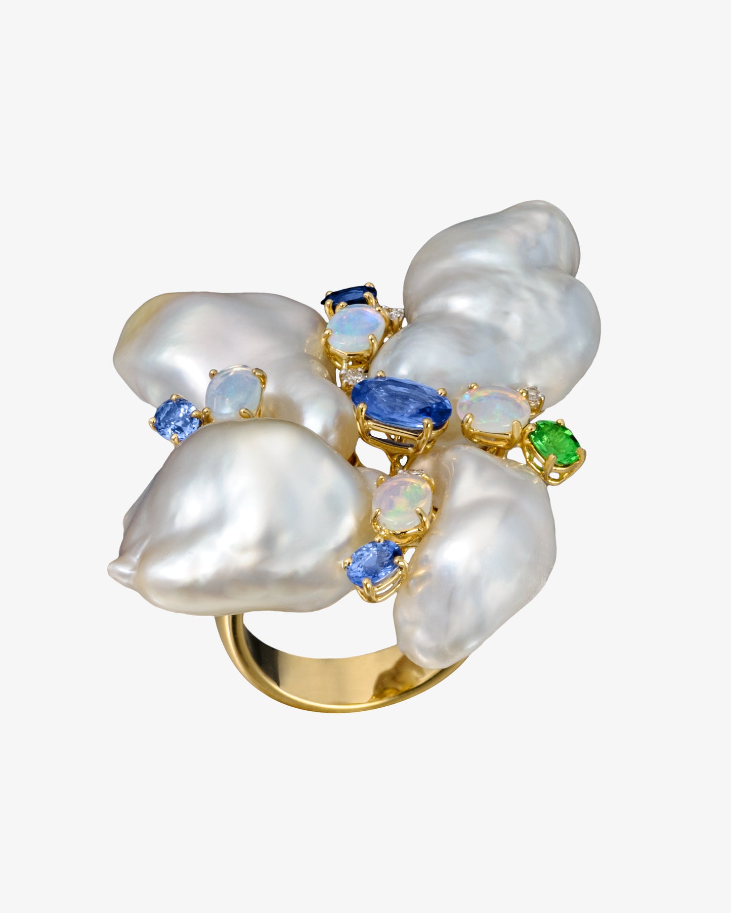 Keshi Pearl, Opal, Sapphire, Diamond and Tsavorite Ring