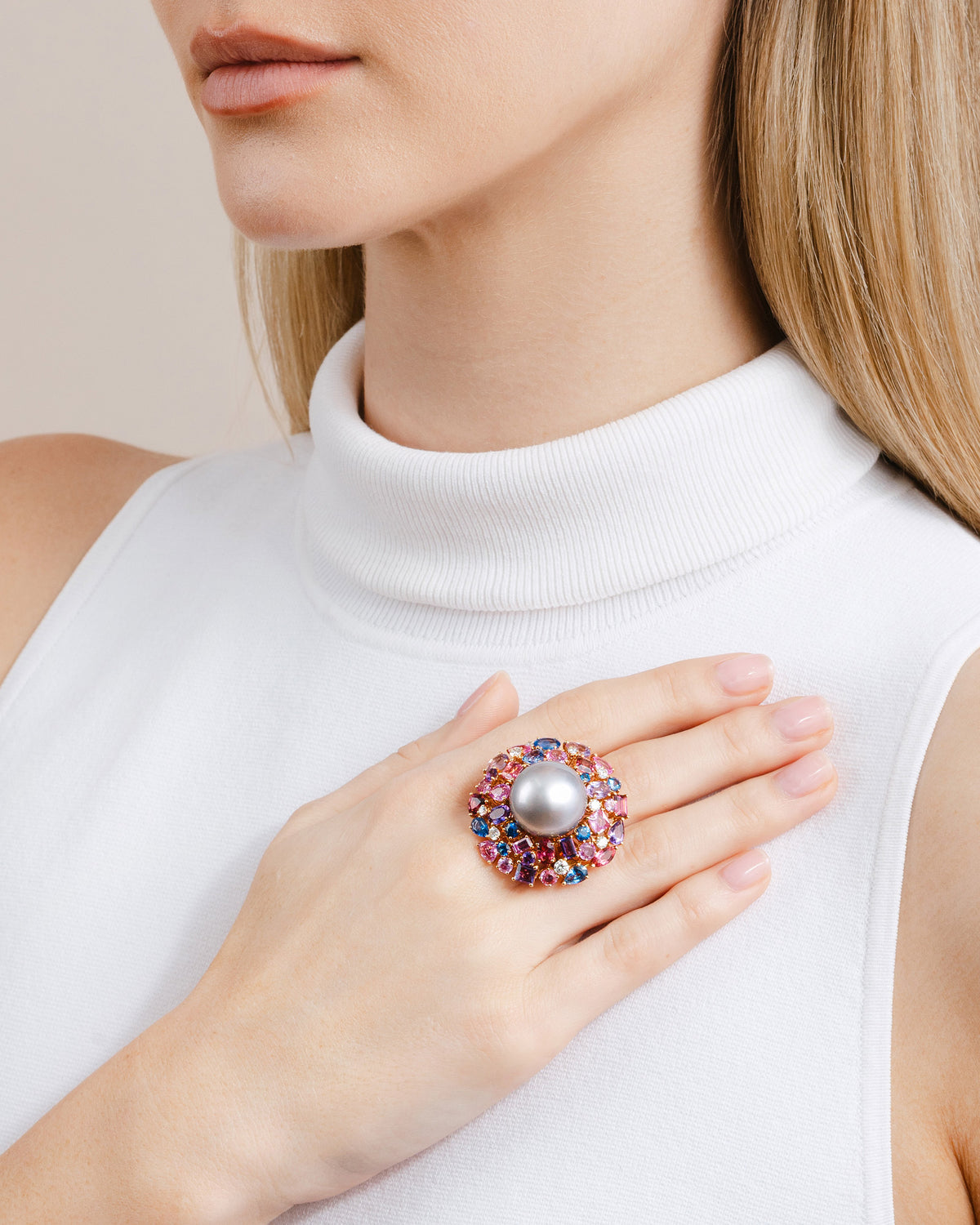 Tahitian Cultured South Sea Pearl and Coloured Stone Ring