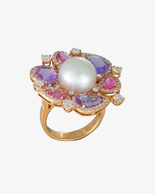 South Sea Pearl, Diamond, Pink Sapphire and Rose De France Ring