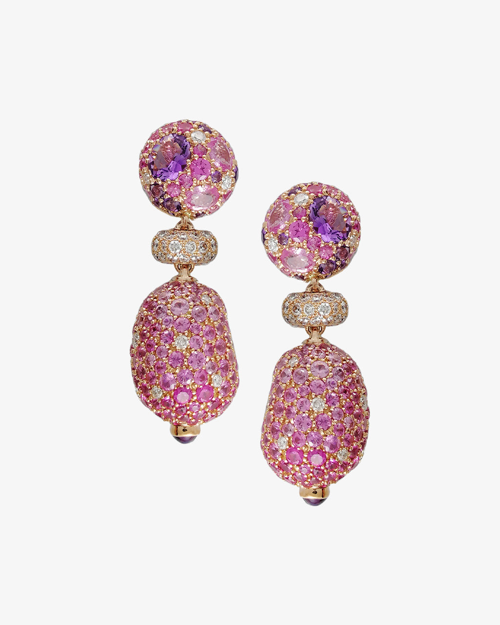 Pink Sapphire, Amethyst and Diamond Drop Earrings