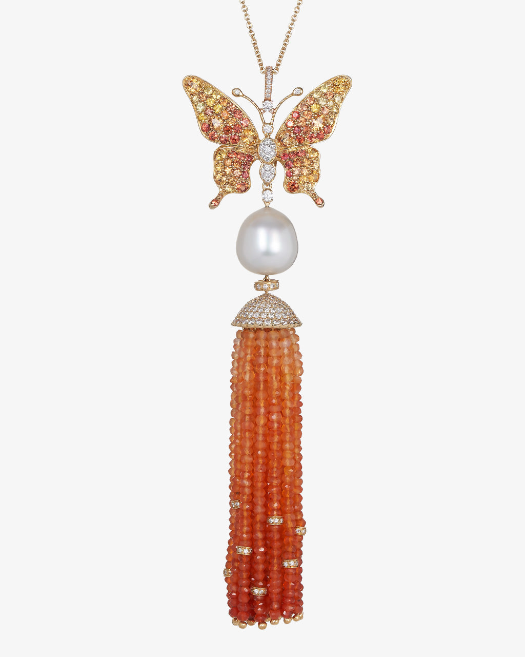 Yellow & Orange Sapphire Butterfly Pendant Tassel Necklace