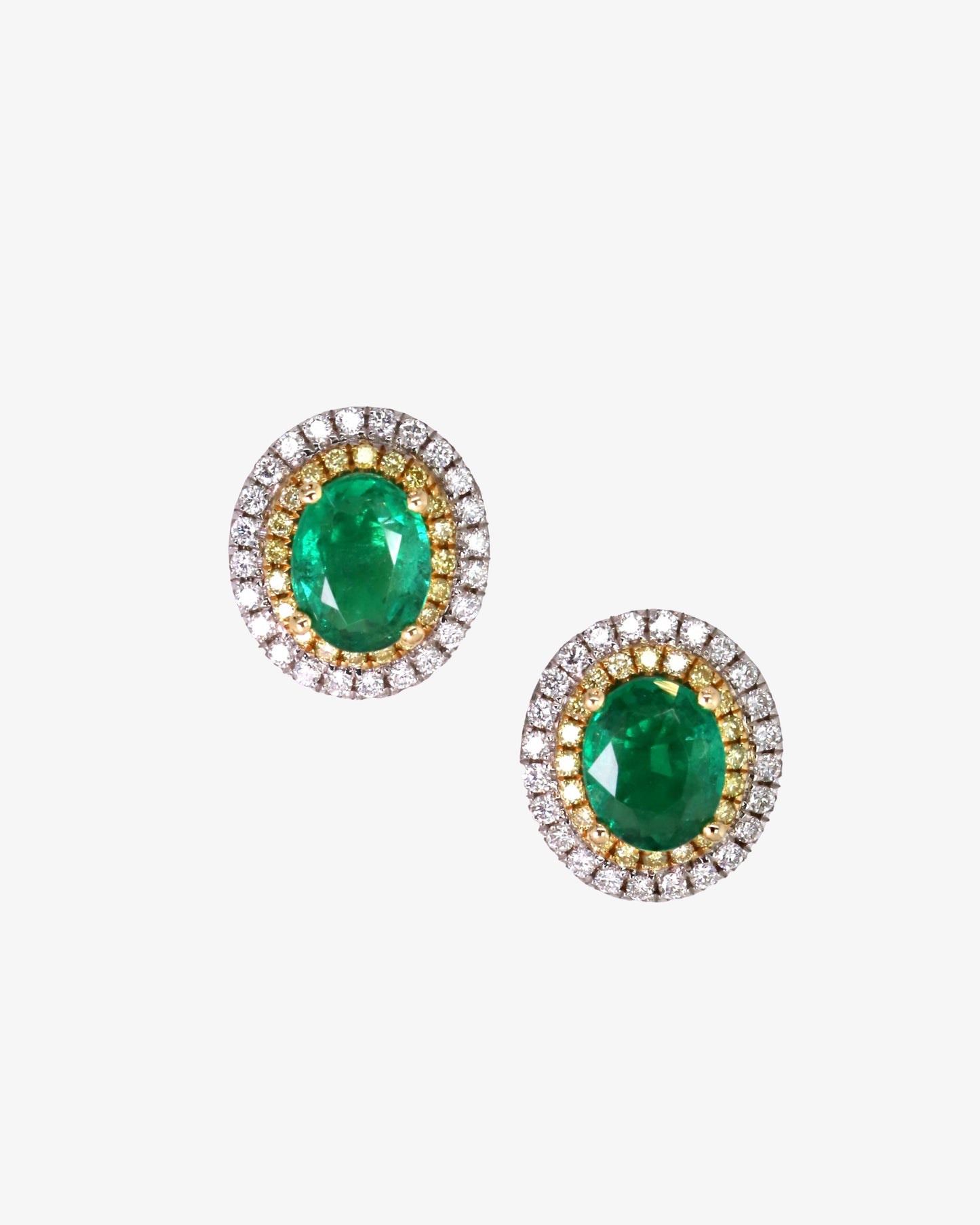 Emerald, White and Yellow Diamond Double Halo Earrings