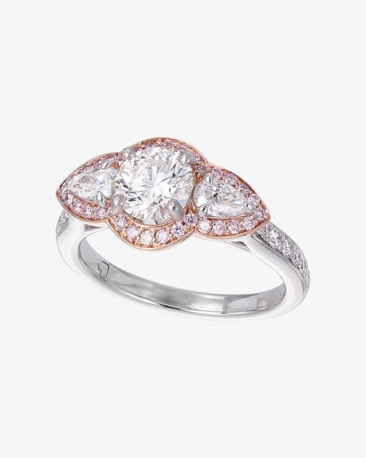 Pink and White Round and Pear Cut Diamond Halo Ring