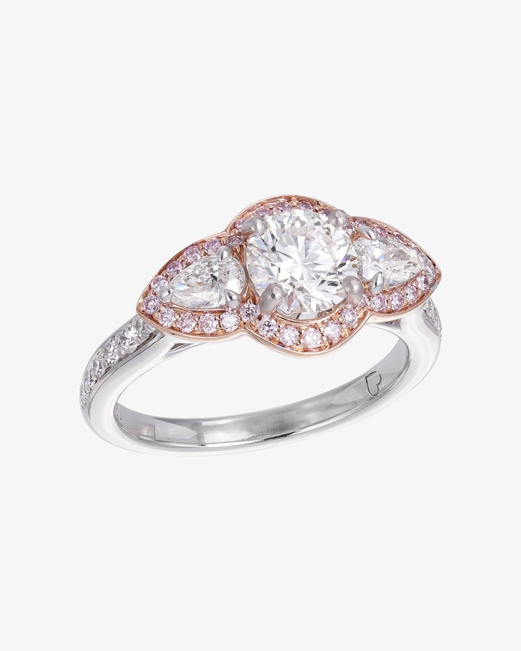 Pink and White Round and Pear Cut Diamond Halo Ring