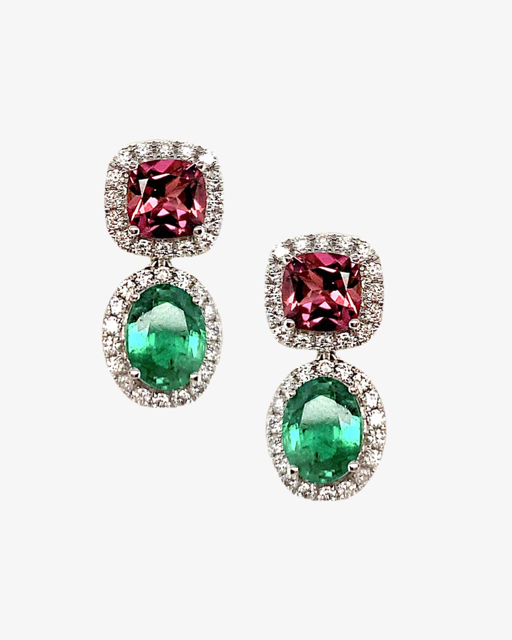 Pink Tourmaline and Emerald Drop Earrings