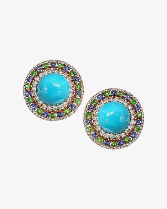 Turquoise and Diamond Circle Clip-On Earrings