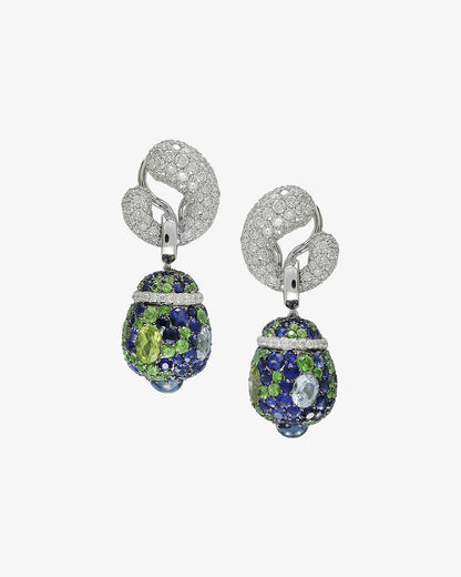 Diamond Earrings with Sapphire, Tsavorite, Blue Topaz and Peridot Drops