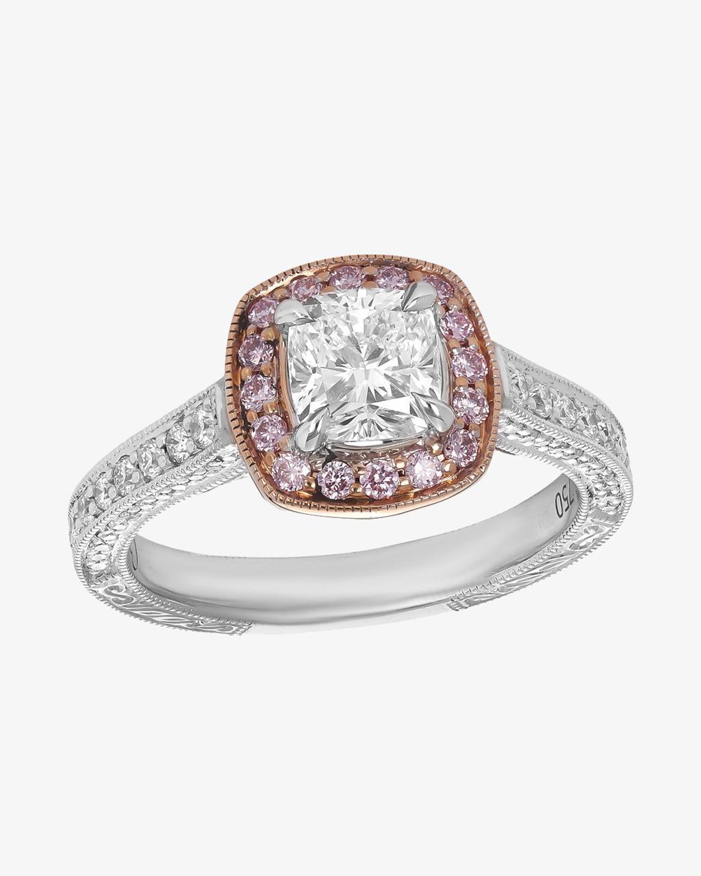 Pink Diamond Halo 1.01ct Cushion Cut Diamond Ring