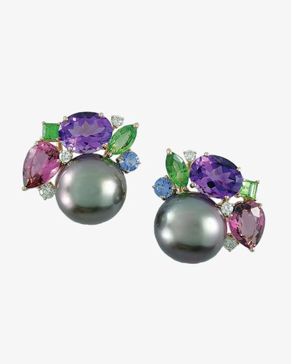 Tahitian Pearl & Multi-Coloured Stone Earrings