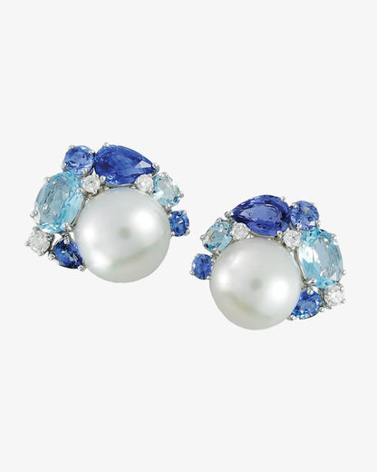 Pearl, Sapphire, Aquamarine and Diamond Earrings