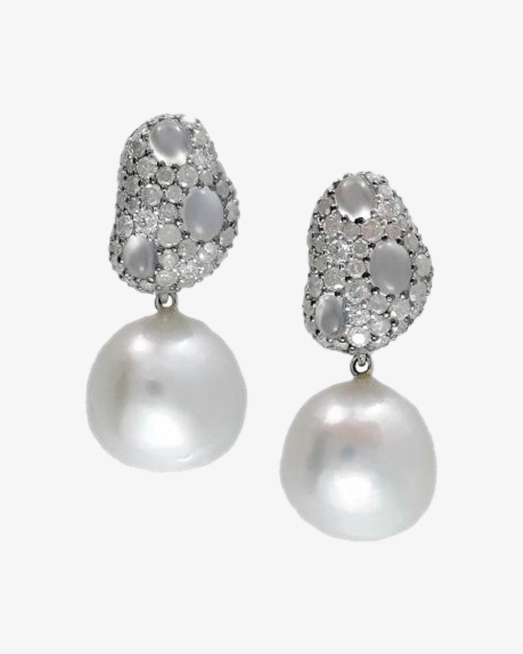 White Moonstone & Milky Diamond Pearl Drop Earrings