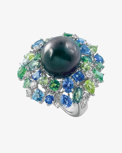 Tahitian Pearl & Multi-Coloured Stone Ring
