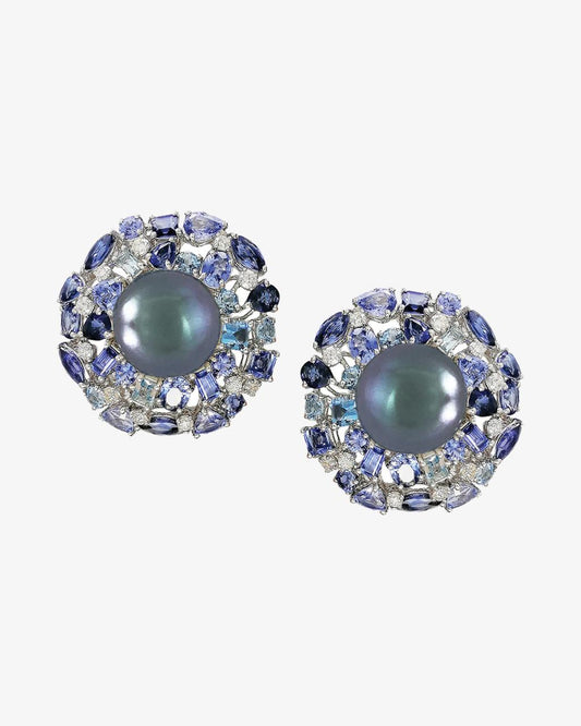 Sapphire, Aquamarine and Tahitian Pearl Earrings