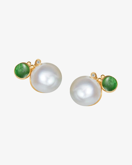 Ole Lynggaard 'BoHo' Pearl Stud Earrings with Green Tourmaline and Diamonds