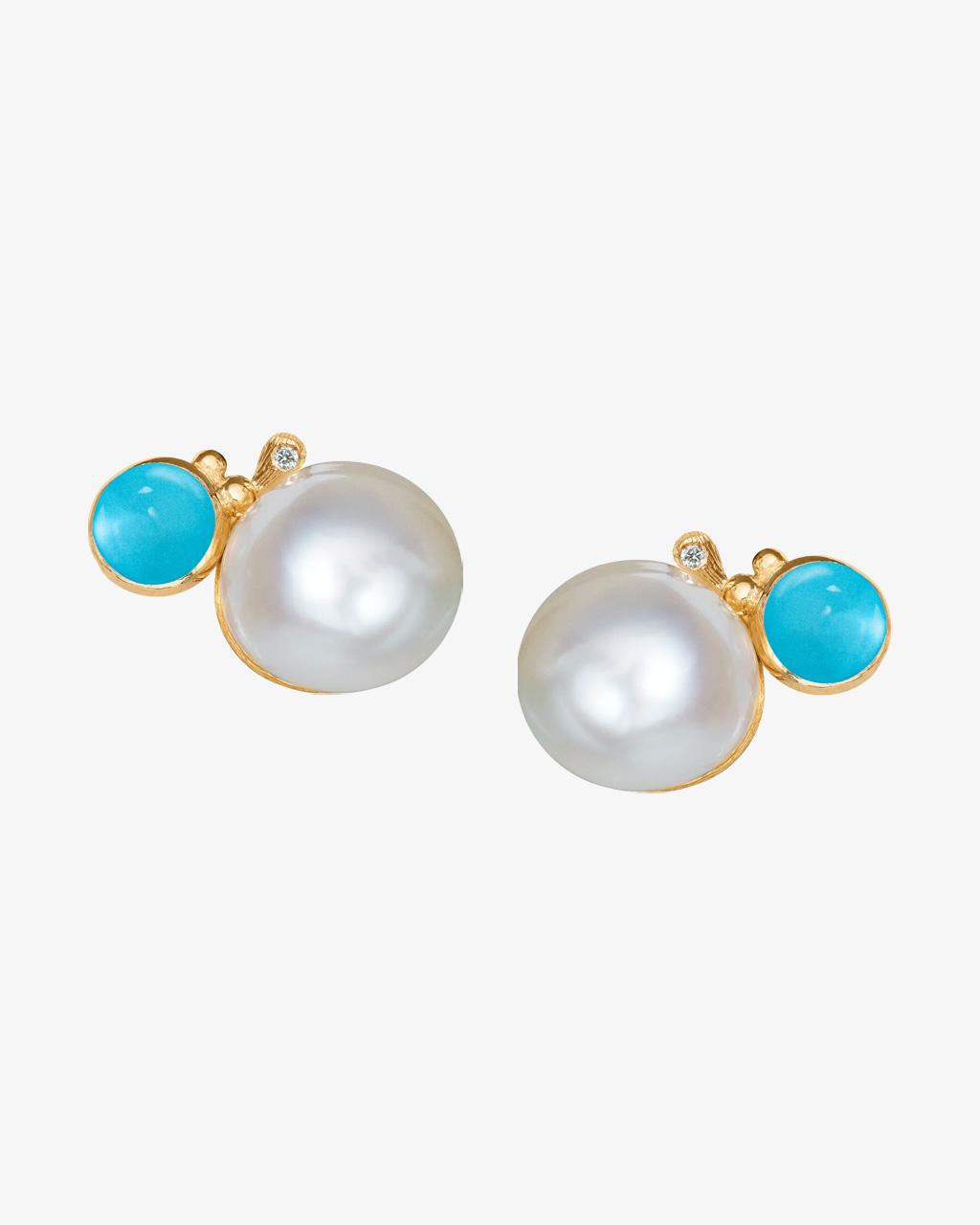 Ole Lynggaard BoHo Pearl Stud Earrings in Gold with Turquoise and Diamonds