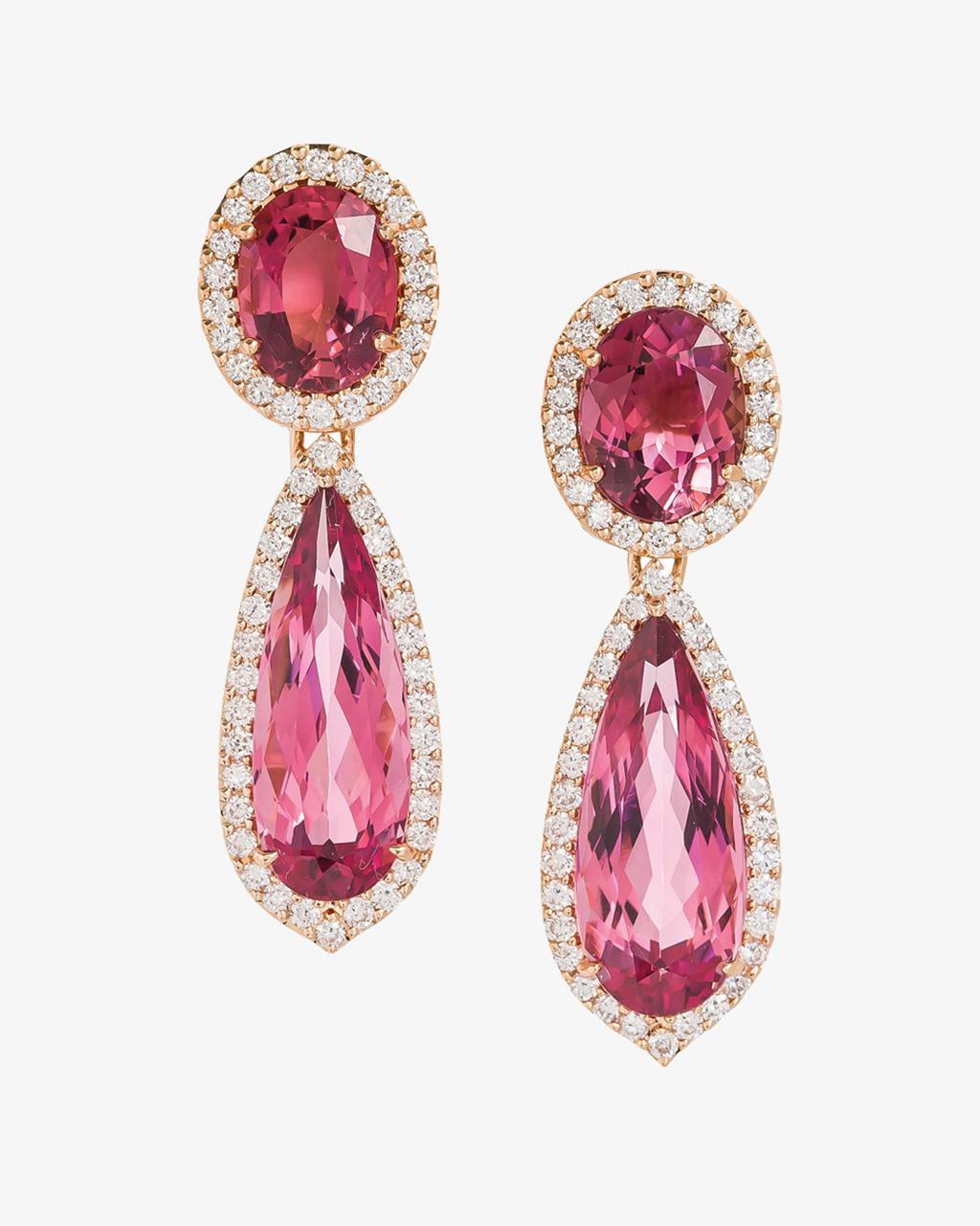 Pink Tourmaline & Diamond Halo Drop Earrings